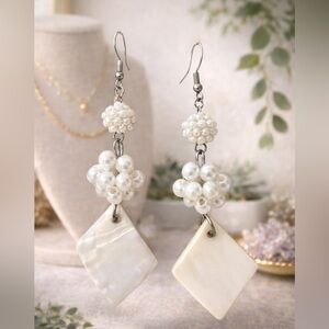 Pearl Cluster Dangle Earrings - White